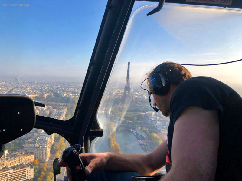 Paris héliportage avec hélicoptère Super Puma face à la tour Eiffel montage nacelle et Rooftop CTA